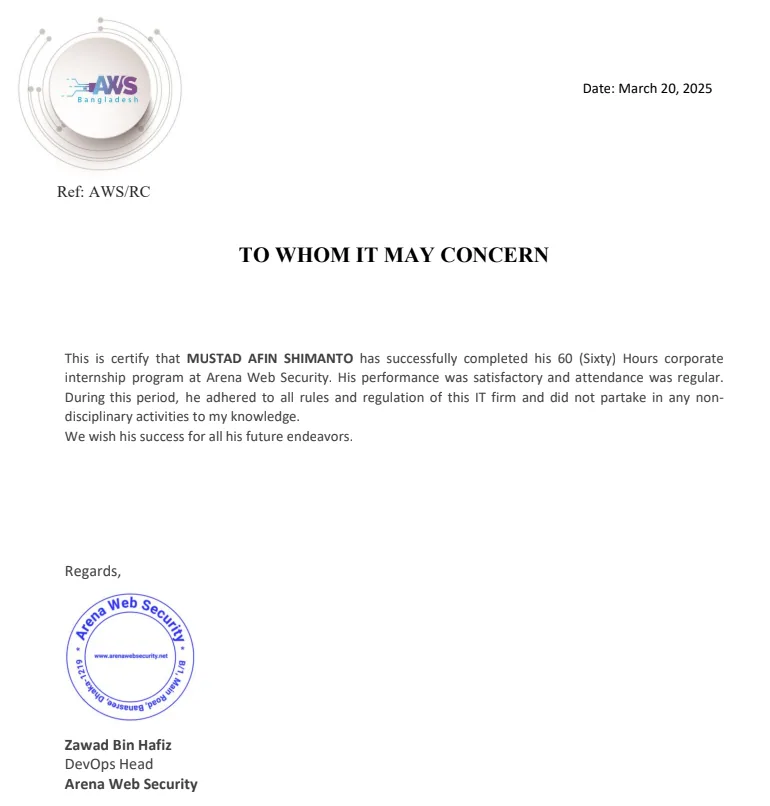 Cyber Security Internship Certificate - Arena Web Security