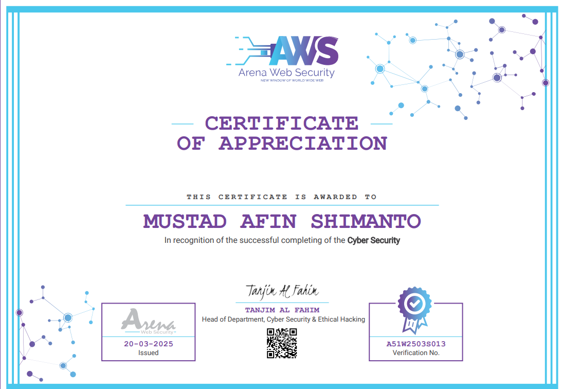 Certificate of Cyber Security from Arena Web Security