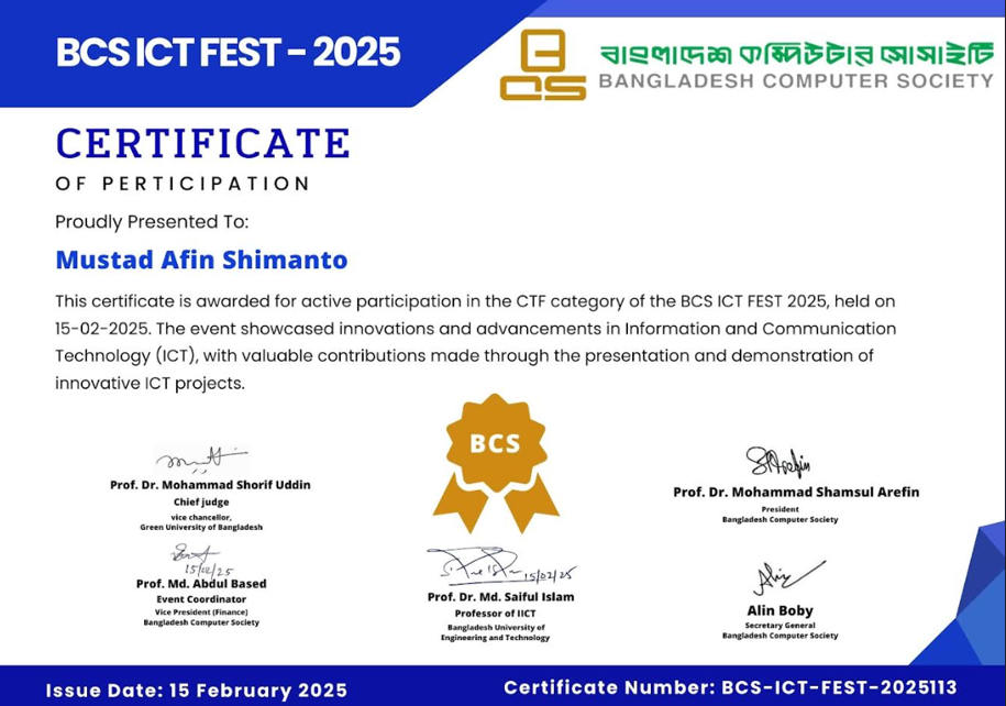 BCS ICT FEST CTF Certificate